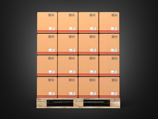 Cardboard boxes on wooden pallet on black background 3d