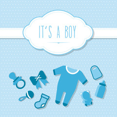 zeitlose und moderne Karte zur Geburt für Jungen mit Blau und Babyicons
