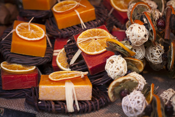 Natural handmade soap.Spice decorations. Traditional arrangement. Christmas spices.