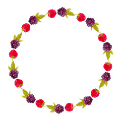 Round bright watercolor hand drawn wreath with strawberries and blackberries