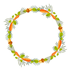 Round bright watercolor hand drawn wreath with carrots and mushrooms