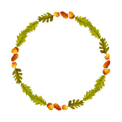 Round bright watercolor hand drawn wreath with oak leaves, acorns and mushrooms