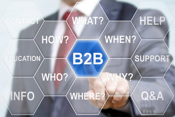 Businessman presses b2b hexagon button on virtual screen. Man touching icon business to business on touch screen. Question, answer, help, support, service, information, investment, concept, technology