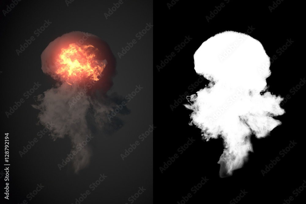 Poster Explosion with black smoke in dark 3d rendering plus alpha channel