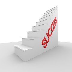 A 3D render of a set of white steps with the word success written on the side.