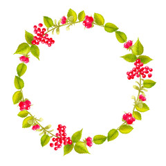 Round bright watercolor hand drawn wreath with leaves and stone bramble