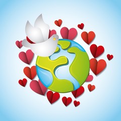 white dove and earth planet with pink and red hearts around. colorful design. vector illustration