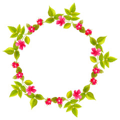 Round bright watercolor hand drawn wreath with leaves, flowers and stone bramble