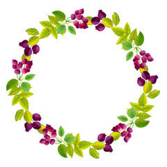 Round bright watercolor hand drawn wreath with leaves and violet berries