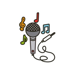 microphone with cord icon and musical notes  over white background. music and technology