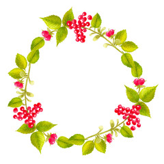 Round bright watercolor hand drawn wreath with leaves and stone bramble