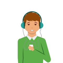 cartoon man smiling wearing casual clothes and with headphones and music player over white background. colorful design. vector illustration