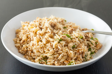 Dirty riceA serving of dirty rice, a traditional cajun and creaole dish, in a white bowl with a fork