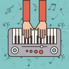 hands playing a piano instrument over blue background. colorful design. vector illustration
