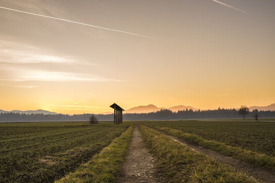Country sunrise over agricultural fields