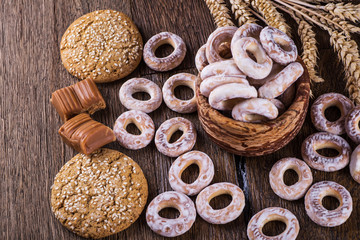 cookies and candies on a wooden table