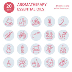 Modern vector line icons of aromatherapy and essential oils. Elements - aromatherapy diffuser, oil burner, spa candles, incense sticks. Linear pictogram with editable strokes for aromatherapy salon.