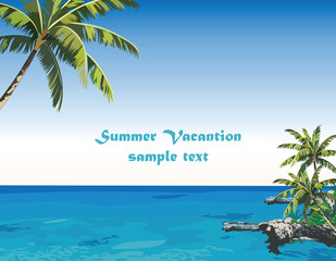 Exotic Island Paradise Beach. Summer Beach Tropics with Palm trees and flowers. Vector