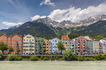 View of the colorful buildings along Inn river, Innsbruck, Tyrol, Austria