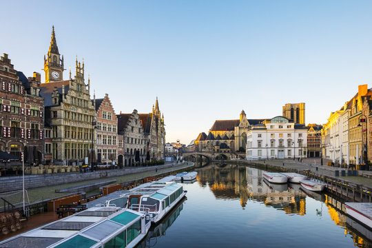 Leie River and buildings along Graslei quay, Ghent (Gent), Flanders, Belgium