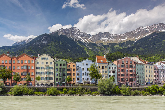 View of the colorful buildings along Inn river, Innsbruck, Tyrol, Austria