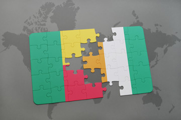 puzzle with the national flag of benin and cote divoire on a world map