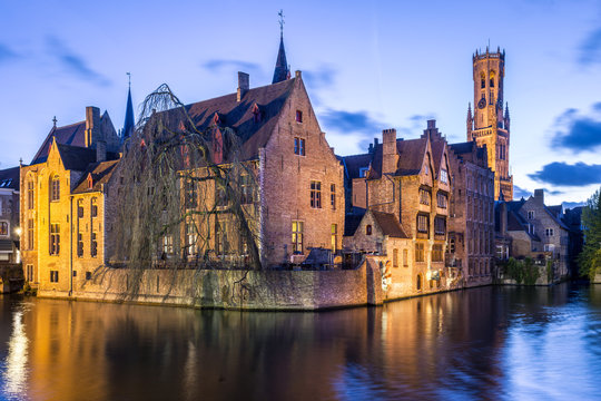 Old town at dusk, Rozenhoedkaai, Bruges, Belgium