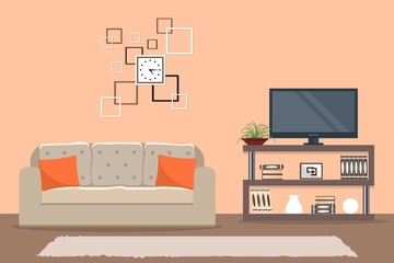 Living room in orange color with a sofa and a home cinema. There is a square clock on the wall in the picture. Vector flat illustration.