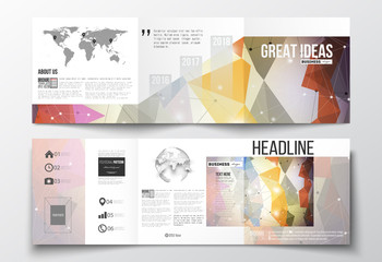 Naklejka na ściany i meble Tri-fold brochures, square design templates. Molecular construction with connected lines and dots, scientific pattern on abstract colorful polygonal background, modern stylish triangle vector texture