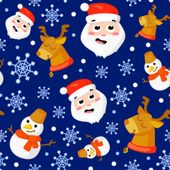 Seamless pattern with cute cartoon Christmas mittens, candy cane, holly berries, smiling snowman and red stocking with xmas tree New year traditional symbols. icons objects. Vector clip art