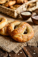Whole meal pretzels with sesame and salt