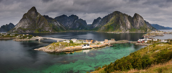 Fototapeta na wymiar Panorama of the Lofoten Islands Hamnøya, Olenilsøya, and Sakri