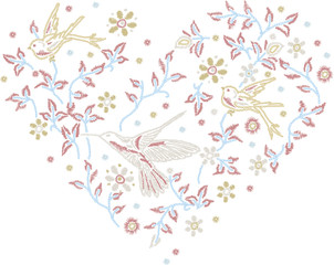 Romantic heart shape with flowers and birds
