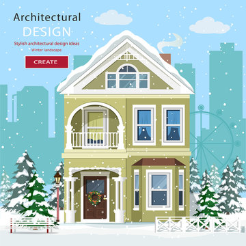 Front view of suburban home in snowfall. Cute graphic house with trees. Winter landscape with city background. Flat style vector illustration.