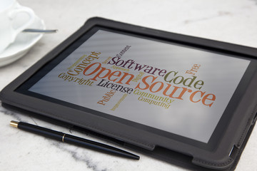 tablet with open source software word cloud