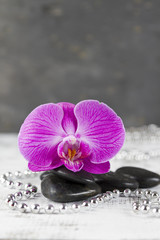 wellbeing concept with hot stones and pink orchid