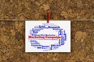 Marketing campaign word cloud on business card pinned up on cork board
