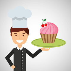 cartoon chef dessert cupcake cherry vector illustration eps 10