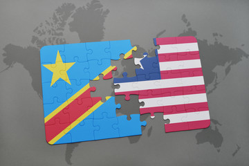 puzzle with the national flag of democratic republic of the congo and liberia on a world map