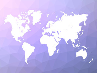 Map of World silhouette on blue-violet gradient low poly background of triangles mosaic. Simple white vector illustration on polygonal shape backdrop.