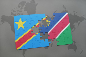 puzzle with the national flag of democratic republic of the congo and namibia on a world map
