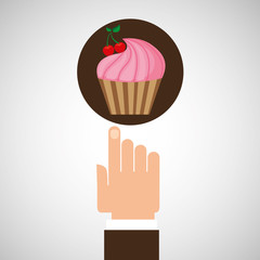 hand with cherry fruit cupcake vector illustration eps 10