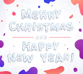 Merry Christmas and Happy New Year congratulation! Creative cool ice lettering and splash colorful paints ink. Best for use in banner, postcard and web design. Abstract vektor illustration.