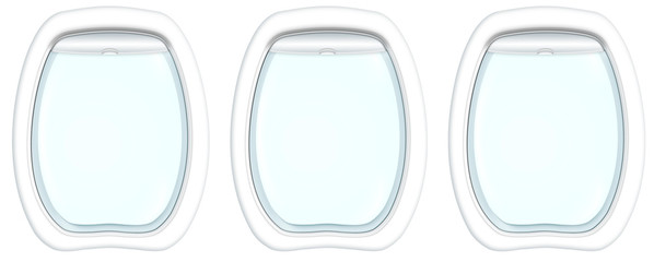 Three plane porthole windows on white background with Copy space. 3d illustration.