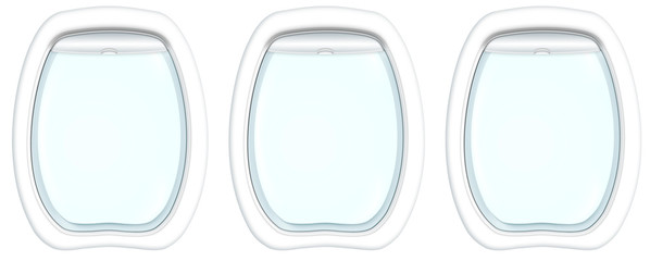 Three plane porthole windows on white background with Copy space. 3d illustration.