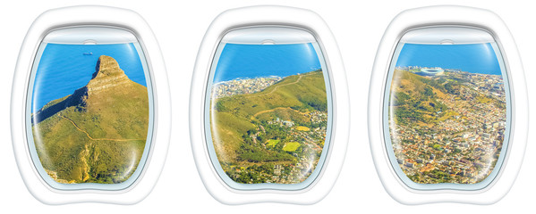Three plane windows on Lion's Head, coast and Cape Town in South Africa, from a plane on the porthole windows. Copy space.