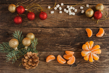Fototapeta na wymiar Christmas Background. Tangerines. Mandarins. Horizontal.