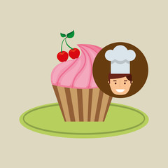 cartoon chef dessert cupcake cherry vector illustration eps 10