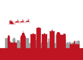 santa flying over the city of detroit