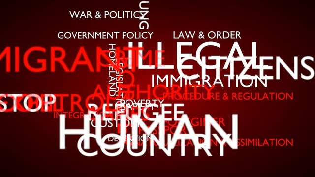 Illegal, immigration, crime, refugee word tag cloud, red, English variant, 3D rendering, UHD